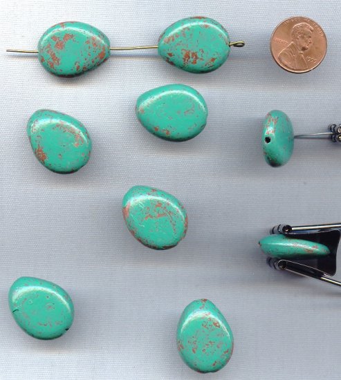GREEN TURQUOISE BRONZE - 25x20mm. FLAT DROP BEADS - Lots of 12 - Click Image to Close